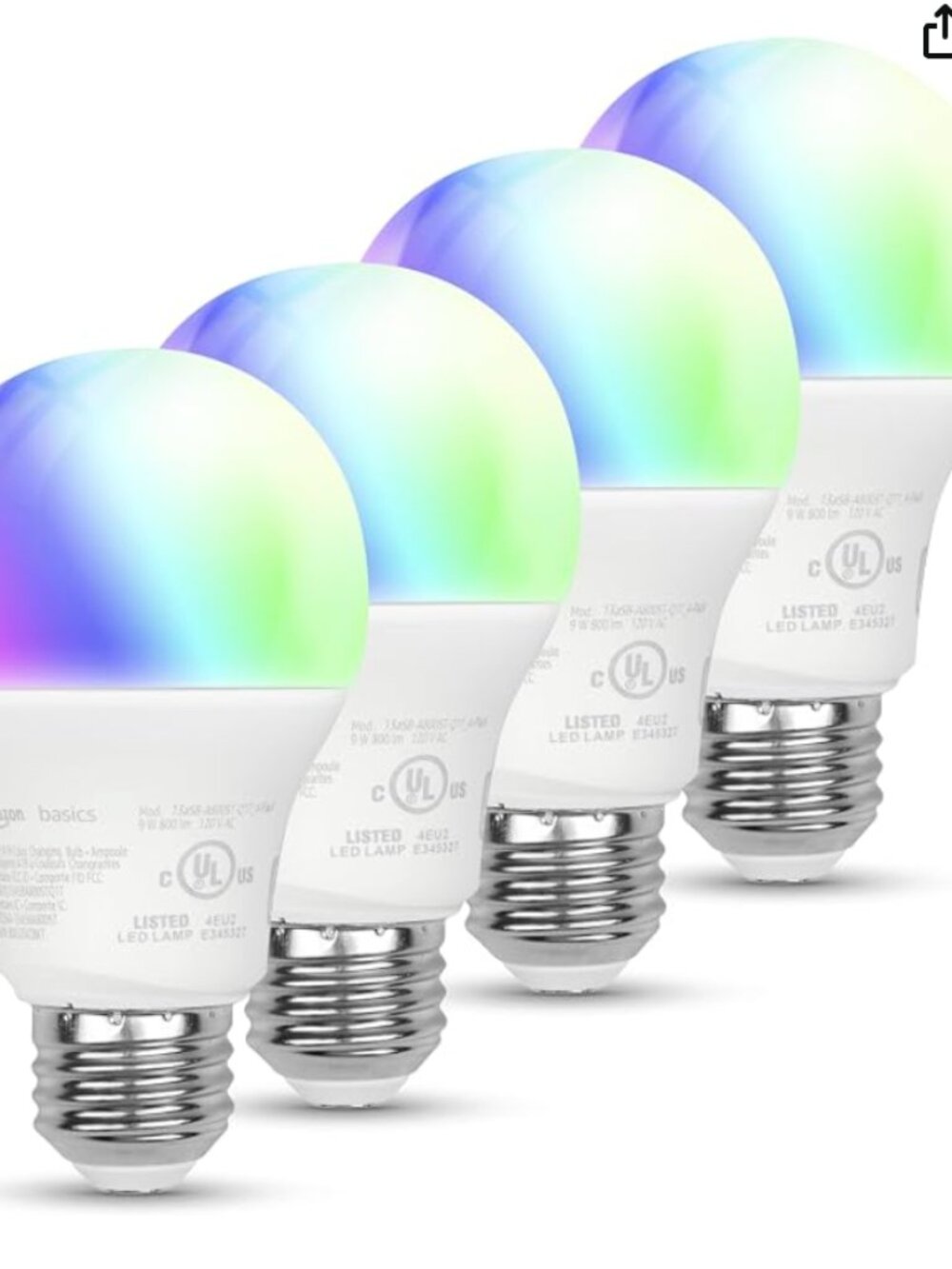 Amazon Basics Alexa A19 Color Changing LED Light Bulbs - 4 Pack